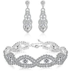 Hanpabum Bridal Wedding Jewelry Set for Women Bracelets and Dangle Teardrop Earrings Set for Women Jewelry Made with Clear Crystals