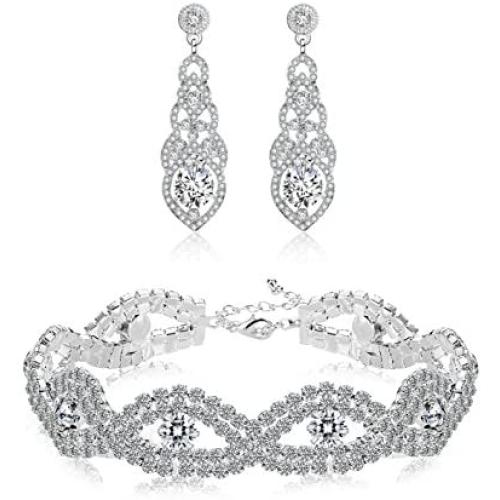 Hanpabum Bridal Wedding Jewelry Set for Women Bracelets and Dangle Teardrop Earrings Set for Women Jewelry Made with Clear Crystals