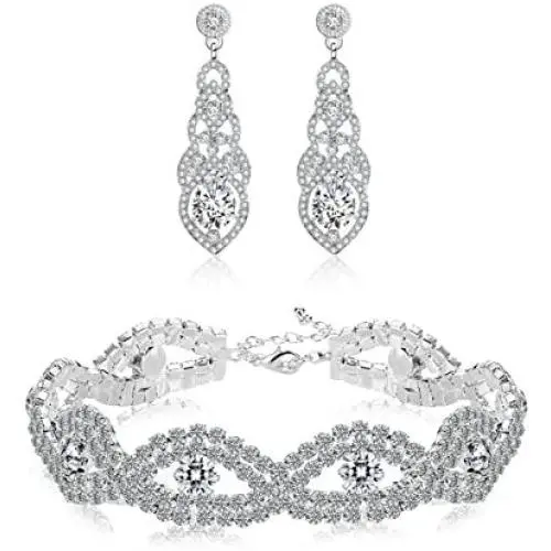 Hanpabum Bridal Wedding Jewelry Set for Women Bracelets and Dangle Teardrop Earrings Set for Women Jewelry Made with Clear Crystals