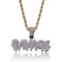 KOSMOLING Iced Out Dripping Letters SAVAGE Pendant Necklace for Men and Women, Micro Pave AAA Cubic Zircon Hip Hop Jewelry, 24'' Gold Color Stainless Steel Rope Chain