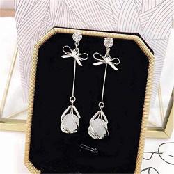 Beiswe 1 Pair Opal Drop Long Earrings Elegant Bowknot Tassel Earrings for Women and Girls Jewellery Christmas Gift (Silver)