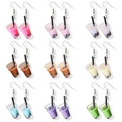 DAMLENG 9 Pairs Creative Unique Cute Pearl Milk Tea Dangle Earrings Colorful Boba Drink Bottle Funny Earrings Set for Women Girls Bubble Tea Earrings Jewelry