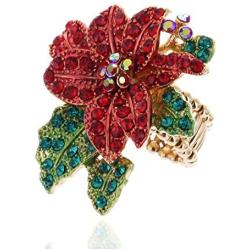 SP Sophia Collection Poinsettia Embellished Rhinestone Stretch Ring in Red Green and Gold