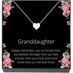 Granddaughter Jewelry Heart Necklace Gift from Grandma, Grandpa, Grandparents,''Braver, Smarter, Stronger, Loved'' Jewelry for Girls, Teens, Women