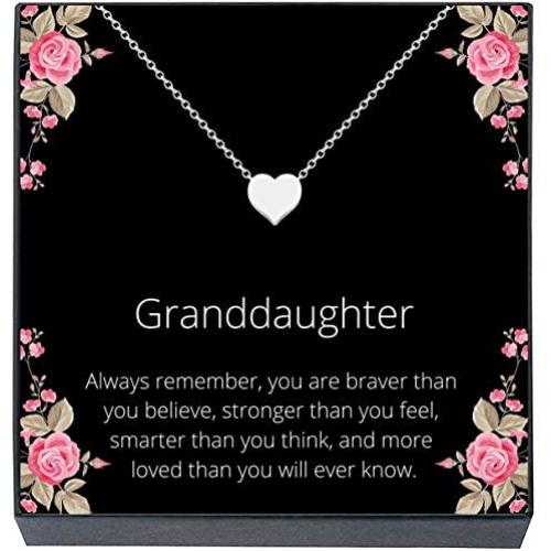 Granddaughter Jewelry Heart Necklace Gift from Grandma, Grandpa, Grandparents,''Braver, Smarter, Stronger, Loved'' Jewelry for Girls, Teens, Women