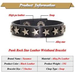 Xusamss Hip Hop Alloy Star Wristband Leather Cuff Bracelet,7.5inches