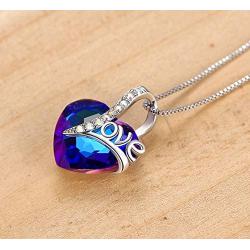 Esottia Love Heart Pendant Necklace for Women, Made with Sapphire Blue Swarovski Crystals September Birthstone Jewelry Gifts for Sister Girlfriend Wife Mother (18''+2'', Silver-Tone)
