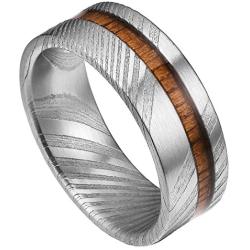 DOUX Mens Wedding Ring Blue Opal/Wood/Antler Inlay Real Damascus Steel Engagement Band Flat Style