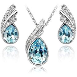 Crystalline Azuria Teardrops Crystals from Swarovski Blue Simulated Aquamarine Set Pendant Necklace 18'' Earrings 18 ct White Gold Plated