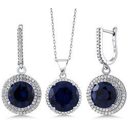 Gem Stone King 18.50 Ct Round Blue Simulated Sapphire 925 Sterling Silver Earrings Pendant Set