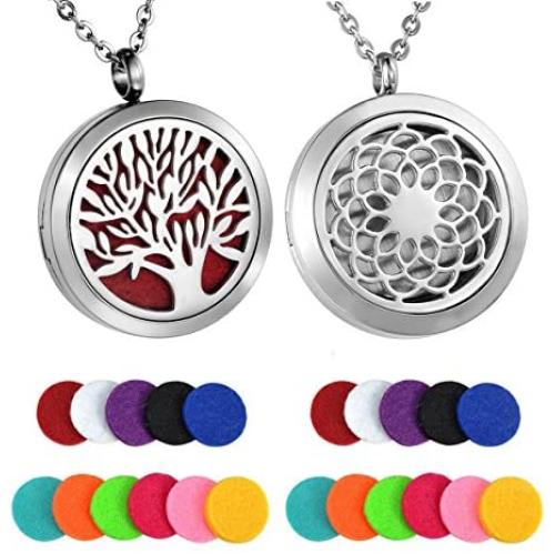 HooAMI Aromatherapy Essential Oil Diffuser Necklace - Stainless Steel Message Pendant Locket Jewelry,12 Refill Pads