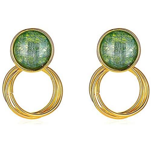 coadipress Green Round Stud Earrings for Women Girls Fashion Gold Plated 925 Sterling Silver Dipped Circle Dangle Drop Geometric Brushed Statement Earrings
