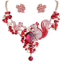 EVER FAITH Gold-Tone Squirrel Family Necklace Earrings Set with Red Austrian Crystal