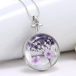 Dried Pressed Purple Flower Necklace Heart Round Shape Glass Pendant Necklace for Women Girl