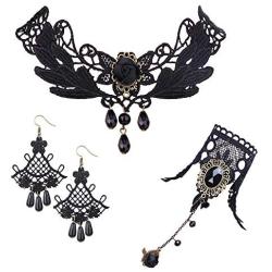 Finrezio Black Lace Necklace Bracelet and Pendant Earrings Set for Women Halloween Steampunk Wedding Party Mascarade Costume Jewelry Sets