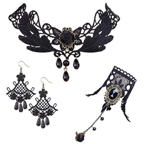 Finrezio Black Lace Necklace Bracelet and Pendant Earrings Set for Women Halloween Steampunk Wedding Party Mascarade Costume Jewelry Sets