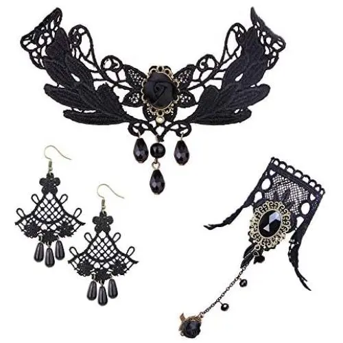 Finrezio Black Lace Necklace Bracelet and Pendant Earrings Set for Women Halloween Steampunk Wedding Party Mascarade Costume Jewelry Sets Finrezio Black Lace Necklace Bracelet and Pendant Earrings Set for Women Halloween Steampunk Wedding Party Mascarade Costume Jewelry Sets
