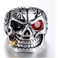 Vintage Stainless Steel Gothic Skull Smoking Bullet Biker Cocktail Party Ring for Men