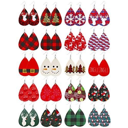 Christmas Earrings for Women Christmas Plaid Earrings for Women Christmas Tree Earrings Snowman Earrings Xmas Leather Earrings Christmas Decorations 16-20 Pairs