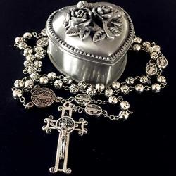 elegantmedical HANDMADE SILVER ROSE BEADS CATHOLIC Saint St Benedict ROSARY BLACK CROSS NECKLACE & NICE METAL JEWELLERY BOX