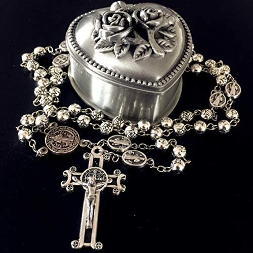 elegantmedical HANDMADE SILVER ROSE BEADS CATHOLIC Saint St Benedict ROSARY BLACK CROSS NECKLACE & NICE METAL JEWELLERY BOX