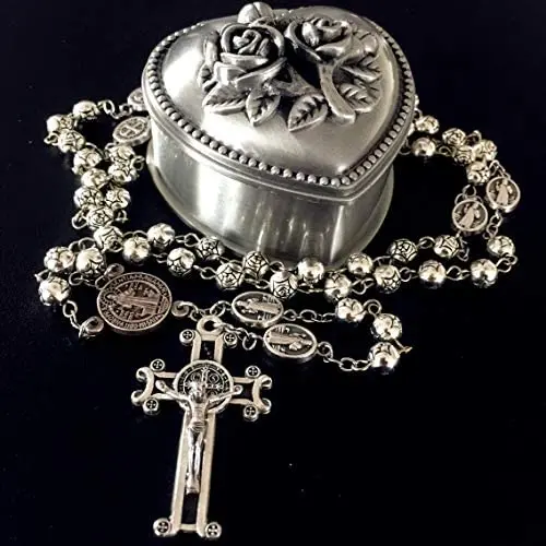 elegantmedical HANDMADE SILVER ROSE BEADS CATHOLIC Saint St Benedict ROSARY BLACK CROSS NECKLACE & NICE METAL JEWELLERY BOX elegantmedical HANDMADE SILVER ROSE BEADS CATHOLIC Saint St Benedict ROSARY BLACK CROSS NECKLACE & NICE METAL JEWELLERY BOX