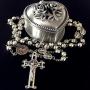 elegantmedical HANDMADE SILVER ROSE BEADS CATHOLIC Saint St Benedict ROSARY BLACK CROSS NECKLACE & NICE METAL JEWELLERY BOX