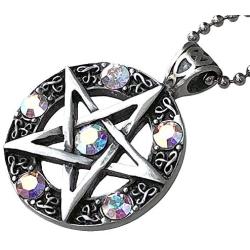 Wicca Jewelry Celtic Pentagram Pentacle Star AB Crystal Gem Wiccan Pagan Witch Magic Healing Protection Amulet Pewter Mens Womens Pendant Necklace Charm for Men Women Silver Ball Chain