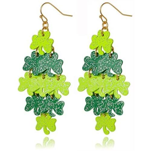 St. Patricks Day Shamrock Dangle Earrings Gold Pleated Green Layered Lucky Clover Earrings Irish St. Patricks Day Jewelry Gift For Women Girls