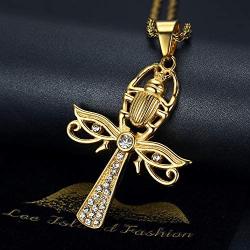 Lee Island Fashion 24K Gold Plated CZ Eye of Horus and Scarab Egyptian Protection Ankh Cross Pendant Stainless Steel Necklace, 24 Inch Chain Jewelry