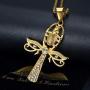 Lee Island Fashion 24K Gold Plated CZ Eye of Horus and Scarab Egyptian Protection Ankh Cross Pendant Stainless Steel Necklace, 24 Inch Chain Jewelry