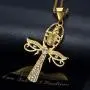 Lee Island Fashion 24K Gold Plated CZ Eye of Horus and Scarab Egyptian Protection Ankh Cross Pendant Stainless Steel Necklace, 24 Inch Chain Jewelry