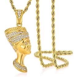 ROWIN&CO Egyptian Queen Nefertiti Necklace Bling Iced Out Gold Plated Vintage Jewelry Cubic Zirconia Hip Hop Pendant Personalized Gifts for Men Women/Best Love Wife/Girlsfriend Birthday
