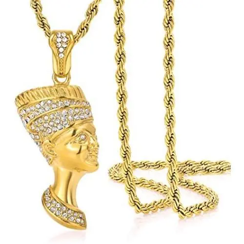 ROWIN&CO Egyptian Queen Nefertiti Necklace Bling Iced Out Gold Plated Vintage Jewelry Cubic Zirconia Hip Hop Pendant Personalized Gifts for Men Women/Best Love Wife/Girlsfriend Birthday