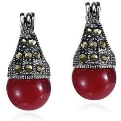 Reconstructed Red Coral and Marcasite Style Pyrite Vintage Flair 8 mm .925 Sterling Silver Huggie Earrings