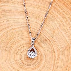 Dainty Platinum Plated Round Cubic Zirconia Teardop Pendant Necklace for Women Teen Girls ZY041