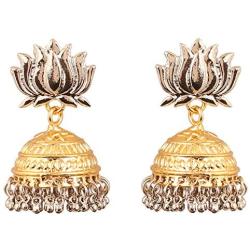 Touchstone''Tribal Bohemian Chic'' Indian Bollywood pretty fringes and floral theme ethnic south Indian Chandbali Moon bridal designer jewelry chandelier earrings for women