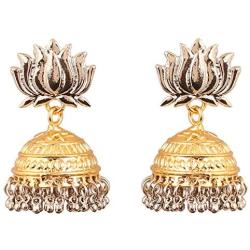 Touchstone''Tribal Bohemian Chic'' Indian Bollywood pretty fringes and floral theme ethnic south Indian Chandbali Moon bridal designer jewelry chandelier earrings for women