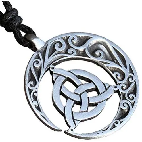 Celtic Knot Jewelry Crescent Moon Triquetra Pagan Magic Wicca Witchcraft Pewter Mens Womens Pendant Necklace Lucky Charm Protection Amulet Wealth Talisman Medallion for men women w Adjustable Cord