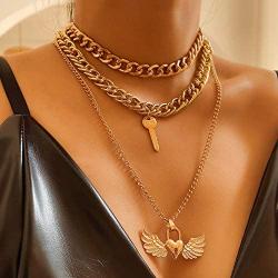 Chargances Key and Lock Necklace with Heart Pendant Gold Chunky Chain Choker Heart Pendant Necklace for Women and Girls Boho Multi Layer Jewelry