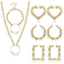 sailimue Women Hip Hop Costume Kit Gold Chain Necklace Bracelet Bamboo Hoop Earrings for Women Men Costume Jewelry Set Punk Rapper Style 80s/ 90s Party Accessories