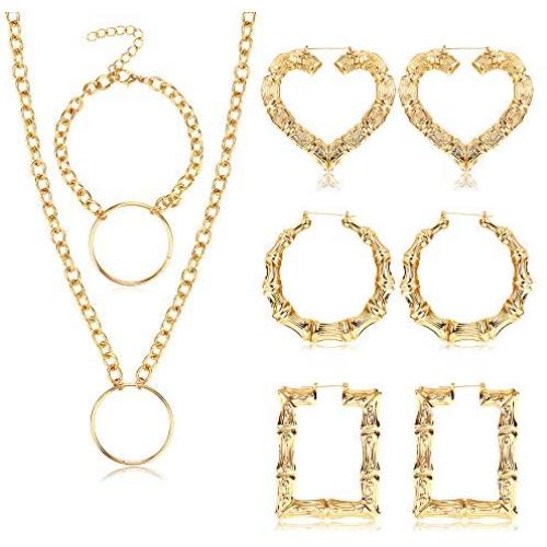 sailimue Women Hip Hop Costume Kit Gold Chain Necklace Bracelet Bamboo Hoop Earrings for Women Men Costume Jewelry Set Punk Rapper Style 80s/ 90s Party Accessories