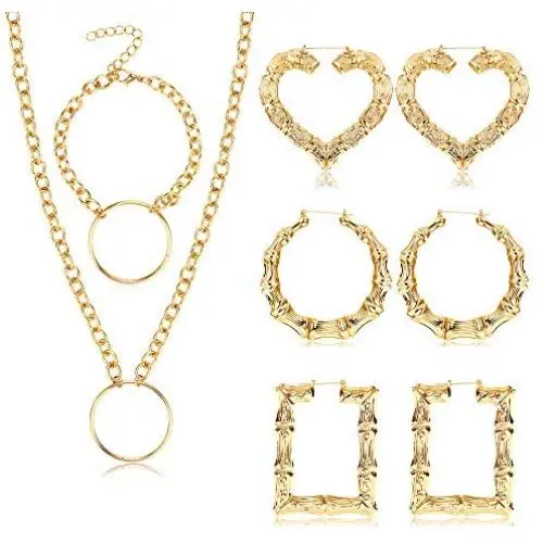 sailimue Women Hip Hop Costume Kit Gold Chain Necklace Bracelet Bamboo Hoop Earrings for Women Men Costume Jewelry Set Punk Rapper Style 80s/ 90s Party Accessories sailimue Women Hip Hop Costume Kit Gold Chain Necklace Bracelet Bamboo Hoop Earrings for Women Men Costume Jewelry Set Punk Rapper Style 80s/ 90s Party Accessories