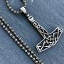 Celtic Knot Asatru Jewelry Mjolnir Norse Viking Thunder Asgard God Thors Hammer Protection Amulet Wealth Luck Money Lucky Charm Safe Travel Talisman Pewter Mens Pendant Necklace w Silver Ball Chain