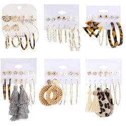 Makone 36 Pairs Fashion Earrings for Women, Stylish Teen Girls Tassel Dangle Earring & Pearl Stud Jewelry Set, Leather/Rattan/Gold/Acrylic Hoop Eardrop for Friend Birthday, Valentine, Christmas Gifts