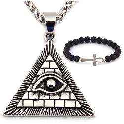 GUNGNEER Egypt Pyramid Necklace Silvertone Horus Evil Eye Illuminati Antique Charm Pendant Stainless Steel Jewelry