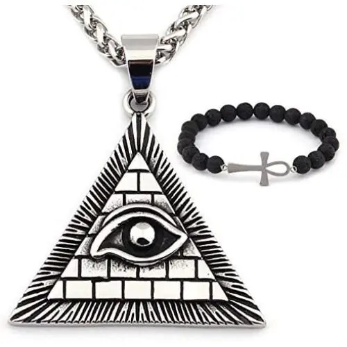 GUNGNEER Egypt Pyramid Necklace Silvertone Horus Evil Eye Illuminati Antique Charm Pendant Stainless Steel Jewelry GUNGNEER Egypt Pyramid Necklace Silvertone Horus Evil Eye Illuminati Antique Charm Pendant Stainless Steel Jewelry