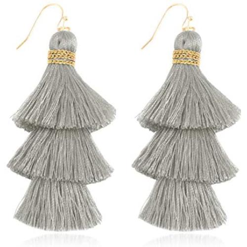Bohemian Multi Tassel Statement Earrings - Lightweight Silky Tiered Layer Thread Fringe, Chandelier Duster Dangles Plaid, Snake Print Leather