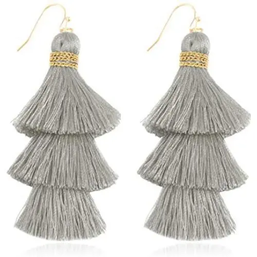 Bohemian Multi Tassel Statement Earrings - Lightweight Silky Tiered Layer Thread Fringe, Chandelier Duster Dangles Plaid, Snake Print Leather Bohemian Multi Tassel Statement Earrings - Lightweight Silky Tiered Layer Thread Fringe, Chandelier Duster Dangles Plaid, Snake Print Leather
