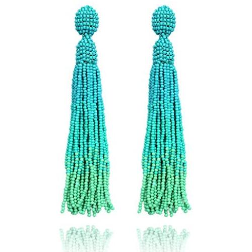 Turquoise Long Beaded Tassel Drop Dangle Fringe Bohemian Stud Earrings for Women Girls